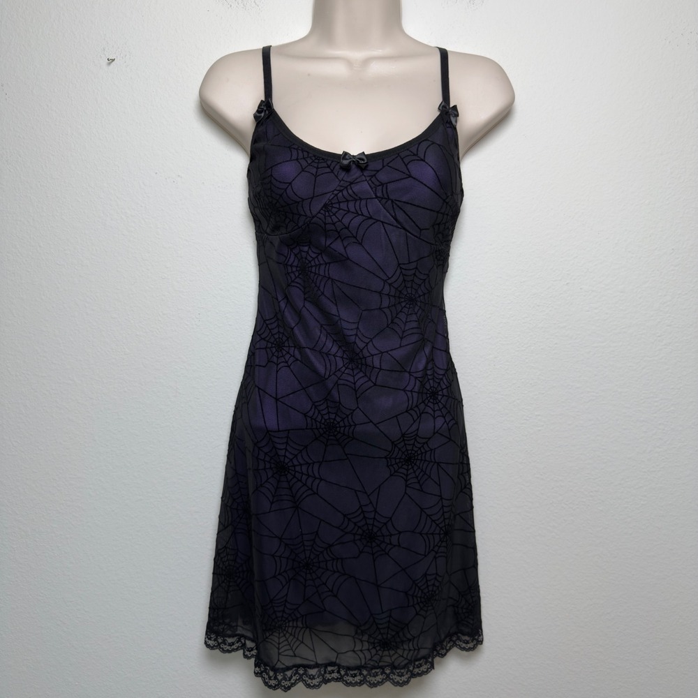 Women‎ Fairy Grunge Whimsigoth Babydoll Slip Dress Purple Black Spiderweb Goth